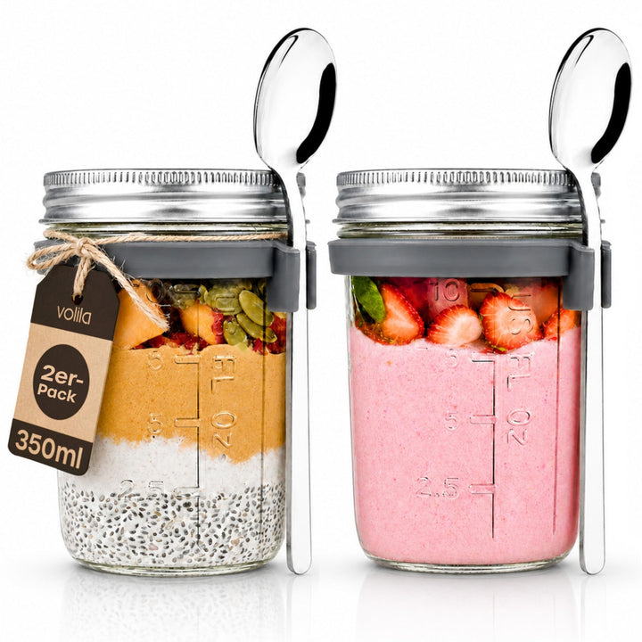 volila Overnight Oats Gläser - (2 Stk. à 350ml) Overnight Oats Behälter mit Deckel - Müslibecher to