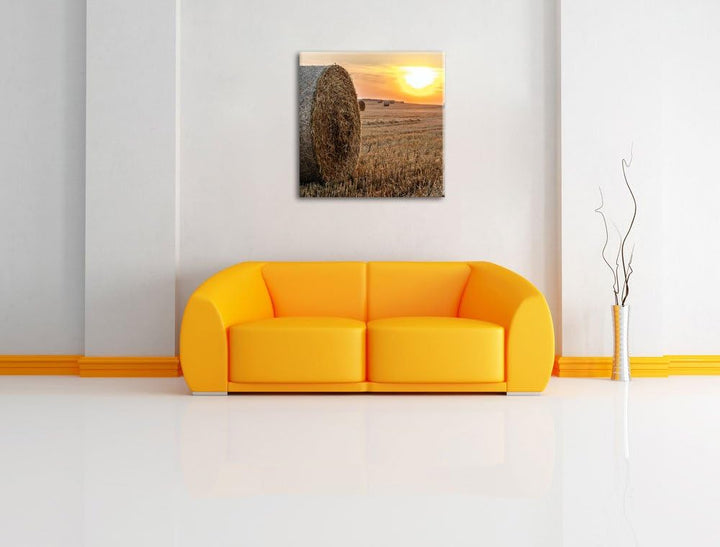 Strohballen auf Feld, Format: 70x70 auf Leinwand, XXL riesige Bilder fertig gerahmt mit Keilrahmen,