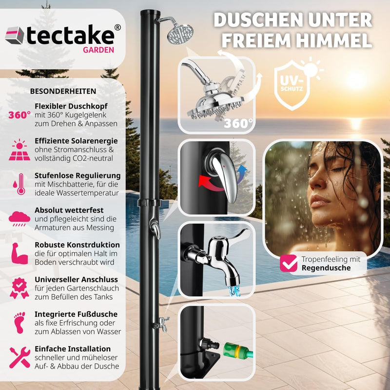 tectake® Gartendusche mit Duschkopf gross und Wasserhahn für Füsse, Solardusche 20l, solar Shower Au