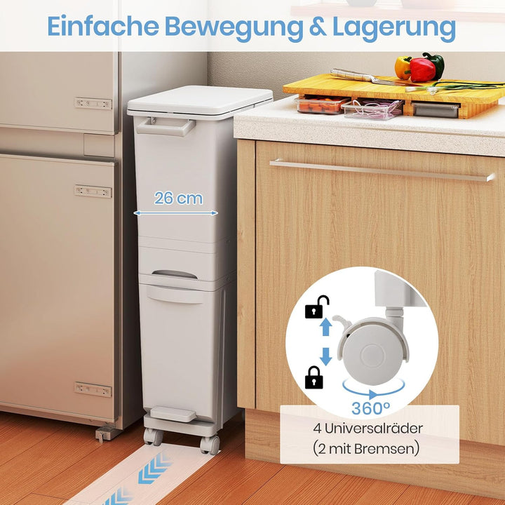 GOPLUS Mülleimer 3 Fächer, 32L Abfalleimer Küche mit Rollen, Mülltrennsystem mit Kippbehälter, Decke