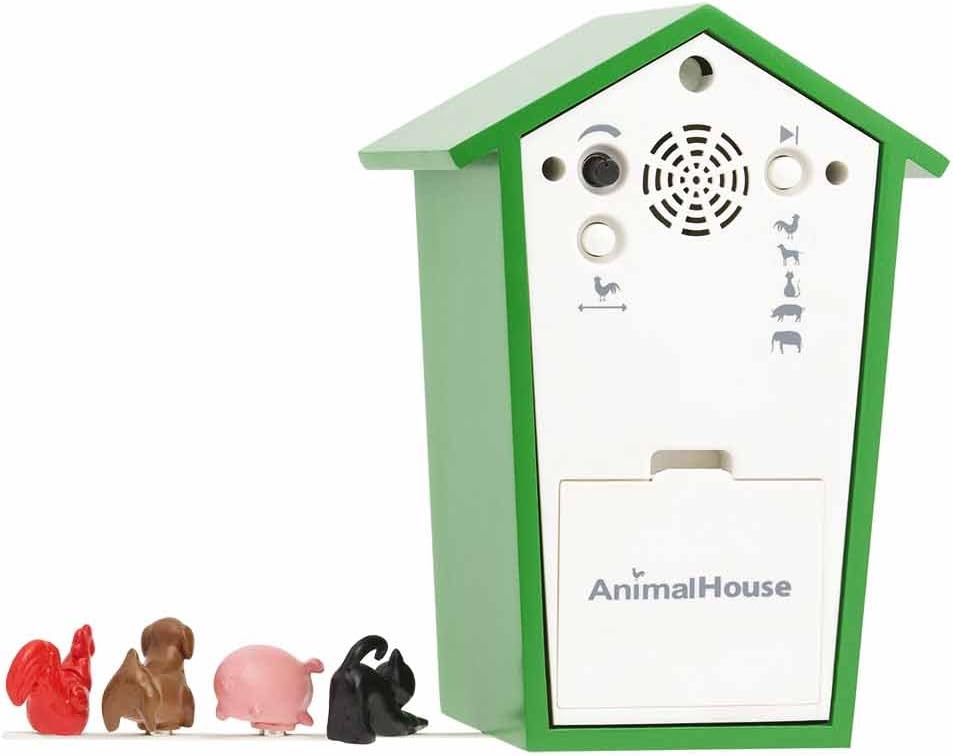 KOOKOO AnimalHouse Grün, Moderne kleine Kuckucksuhr mit 5 Bauernhoftieren, Aufnahmen aus der Natur.