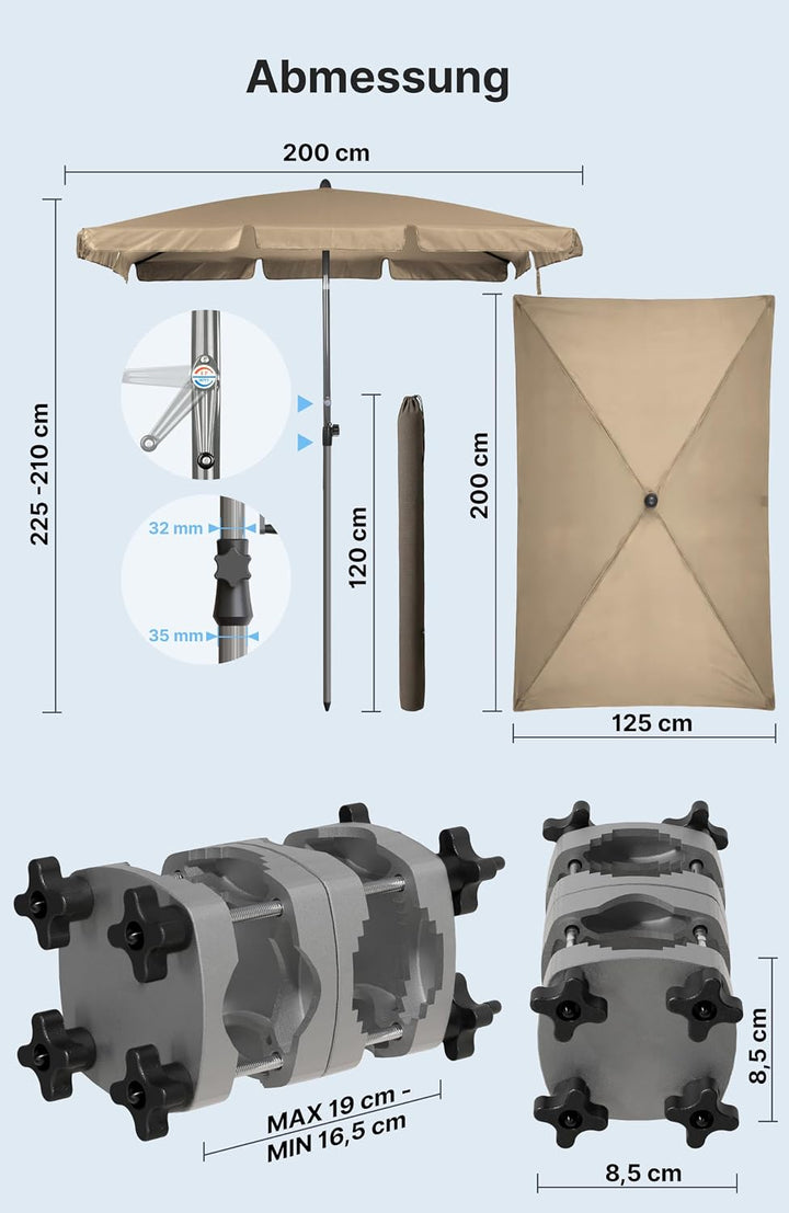 4smile SunnyShade Sonnenschirm Balkon mit Halterung im 3-er-Set, Taupe, 200x125 cm, UV 50+, Balkonsc