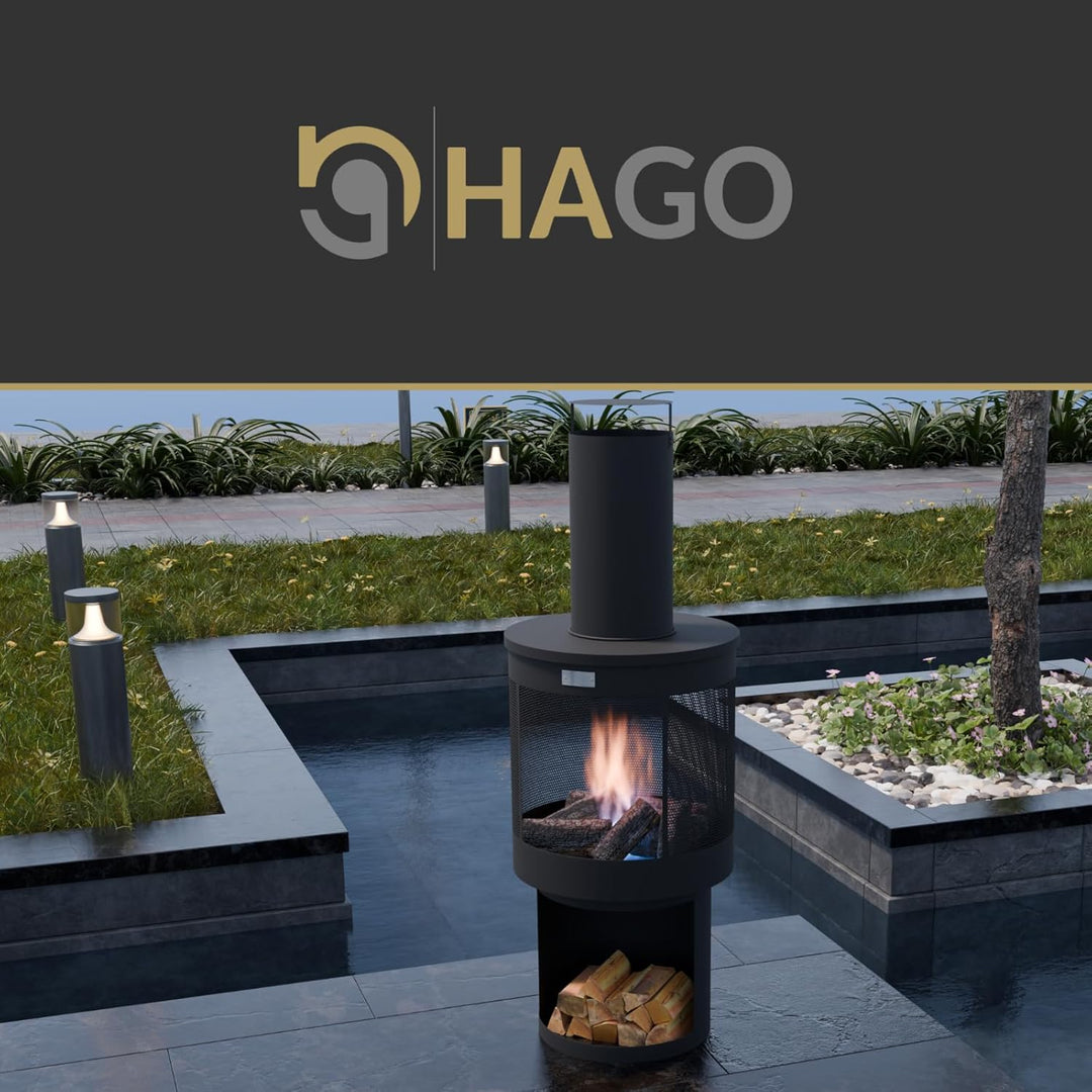 HAGO24 | Gartenkamin | Terrassenofen | Gartenofen | Stahl | Schwarz | Schürhaken | Rund | Outdoor |