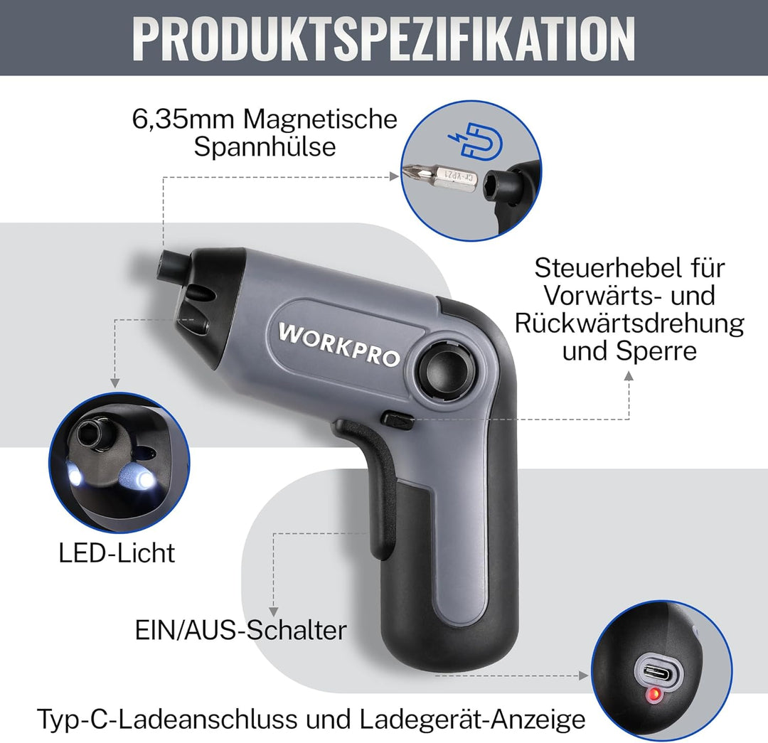 WORKPRO Akkuschrauber Set 3,6V, Exzentrischer Schraubendreher, mit 21 Bits und Verlängerungsstange,