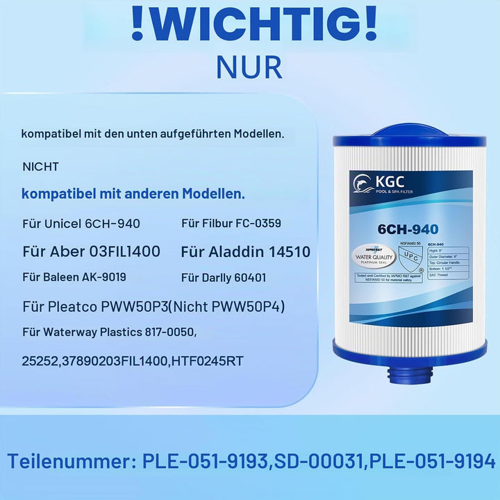 KGC Spa Filter 6CH-940 für Whirlpool, 1 Stück Ersatz für Pleatco PWW50P3 (1 1/2" SAE Grobgewinde), U