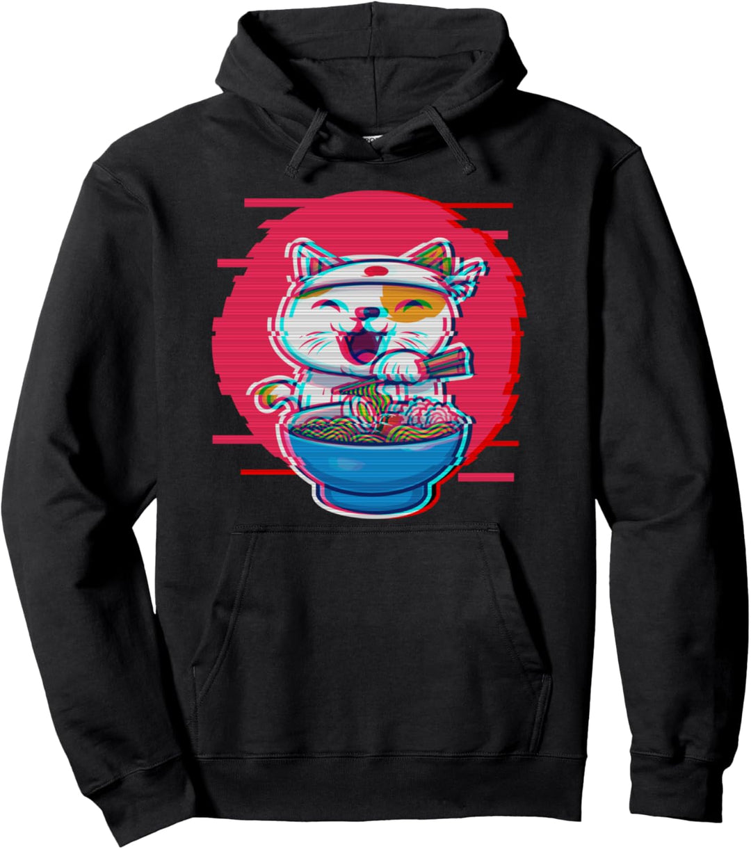 Ramen Kawaii Cat Maneki Neko Japanese Vaporwave Aesthetic Pullover Hoodie