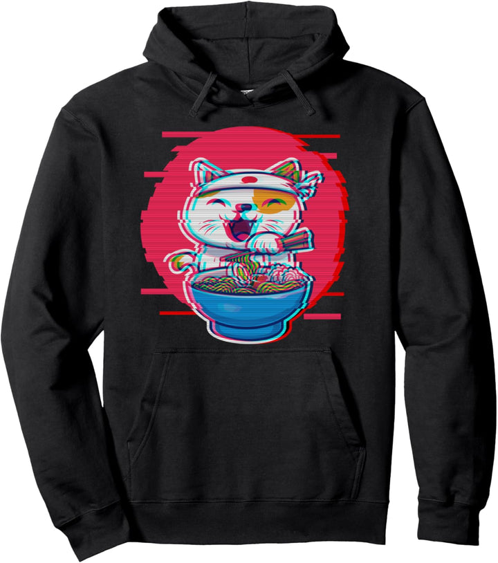 Ramen Kawaii Cat Maneki Neko Japanese Vaporwave Aesthetic Pullover Hoodie