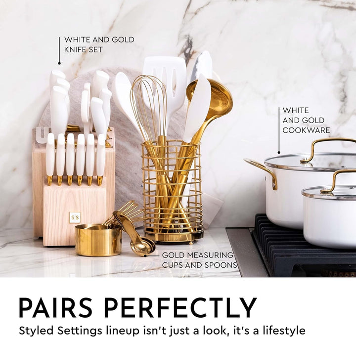 White Silicone and Gold Cooking Utensils Set with Gold Utensil Holder: 17PC Set Includes White &amp; Gol
