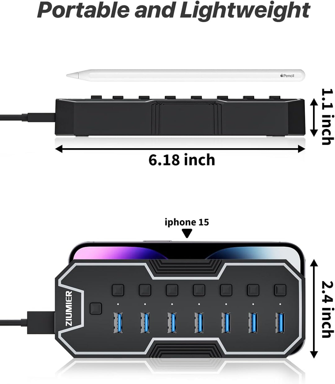 ZIUMIER USB 3.0-Hub, 7-Port-USB-Expander mit RGB-LED-Streifen für MacBook, Mac Pro, Mac mini, iMac,