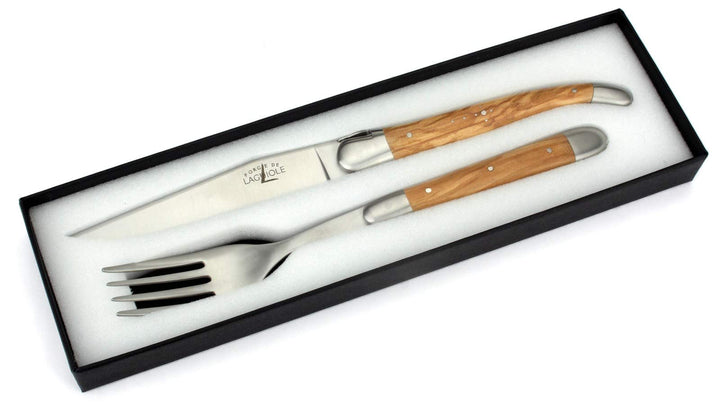 Forge de Laguiole - Steakmesser und Gabel je 1x im Set - Griff Olivenholz - Besteck Frankreich - Sta
