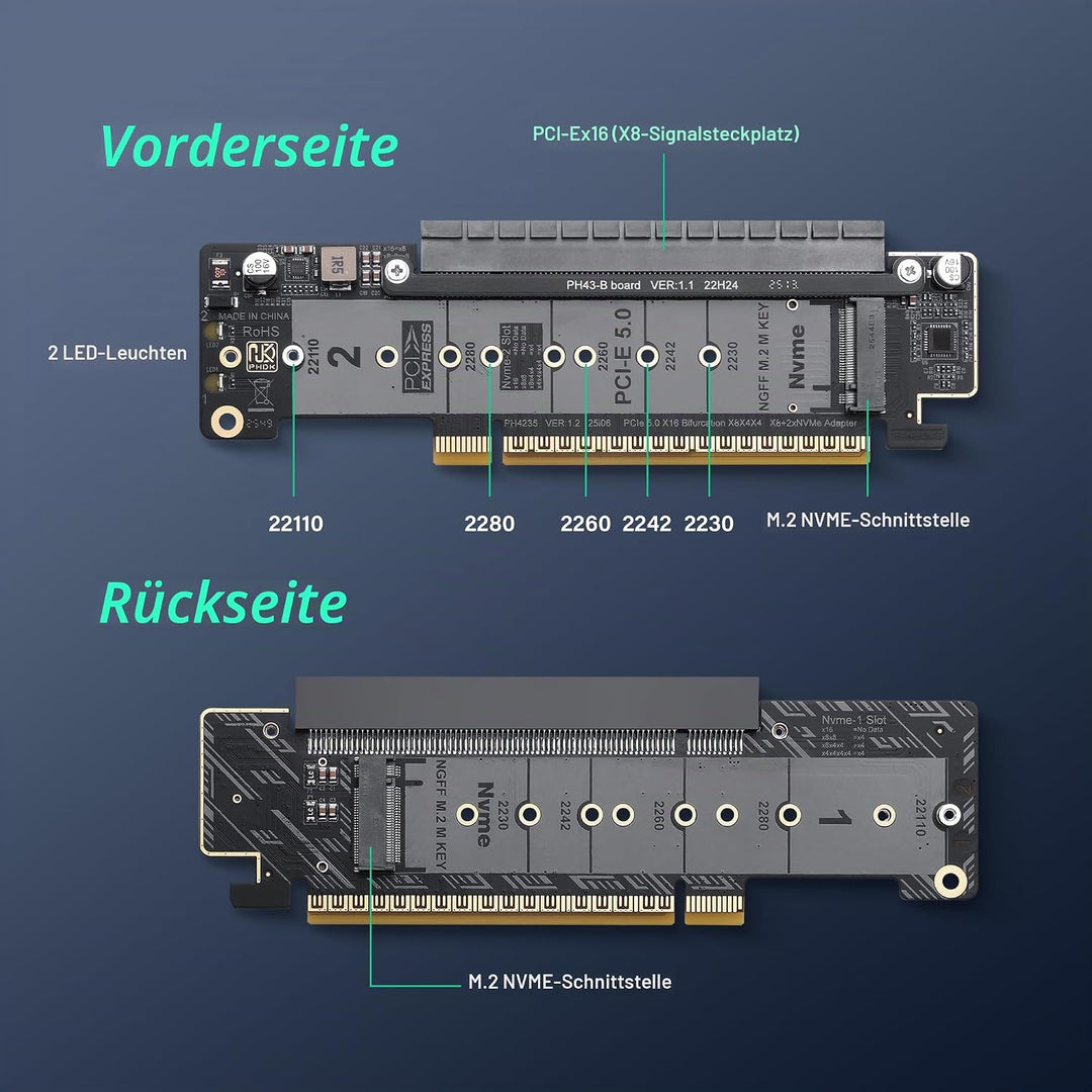 SinLoon PCIe 5.0 X16 Erweiterungskarte, PCIe Bifurcation Riser Card, Teilt X16 Slot in X8+X4+X4, Unt