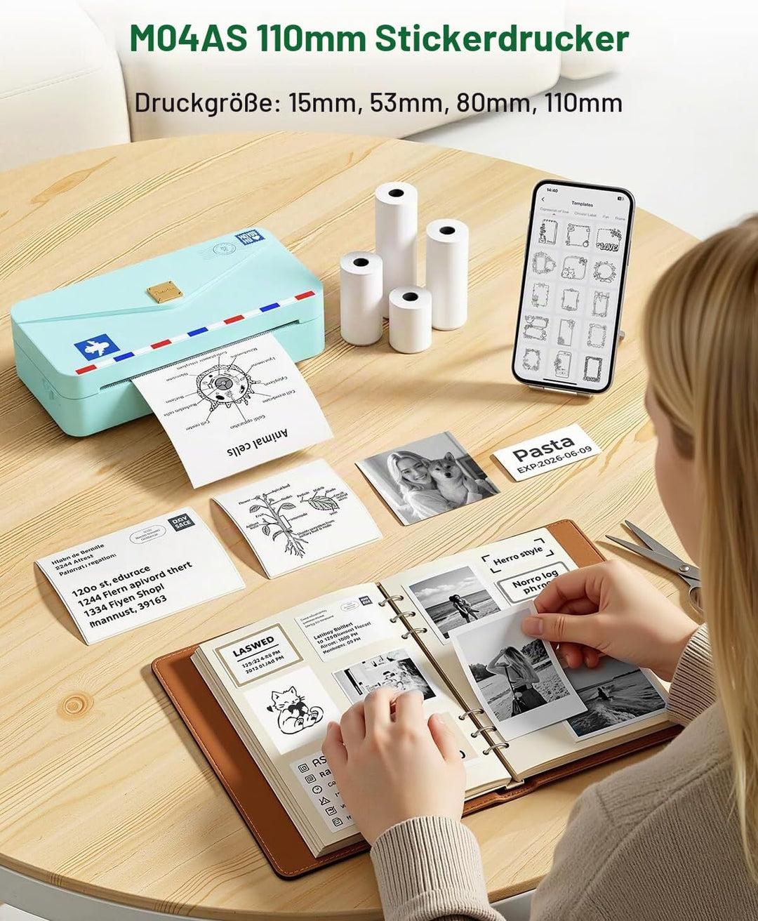 Phomemo Mini Drucker M04AS 4" Mini Thermodrucker Handy Bluetooth 15/53/80/110mm Druckbreite, 304dpi,