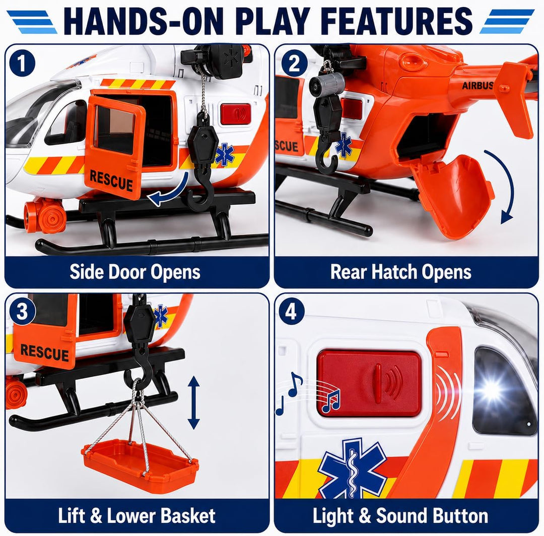 Rescue Helicopter Toy with Lights and Sounds,Emergency Crane Toy with Hanging Tray, Kids Toys for 3