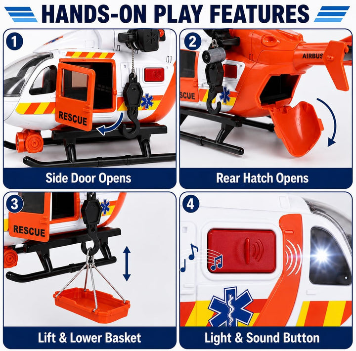 Rescue Helicopter Toy with Lights and Sounds,Emergency Crane Toy with Hanging Tray, Kids Toys for 3