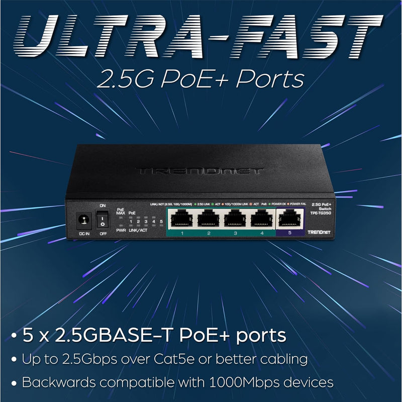 TRENDnet TPE-TG350 5-Port Unmanaged 2.5G PoE+ Switch, Lüfterlos, Kompaktes Desktop-Design, Metallgeh