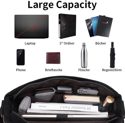 ESTARER Laptoptasche 17 Zoll Umhängetasche Canvas für Arbeit Uni aus Canvas SCHWARZ 17.3 Zoll Schwar