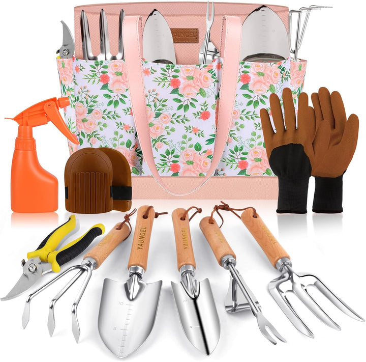 YAUNGEL Gartenwerkzeug Set, 10 Stück Schwerlast Edelstahl Gartenarbeit Kit mit Non-Slip Holzgriff- G