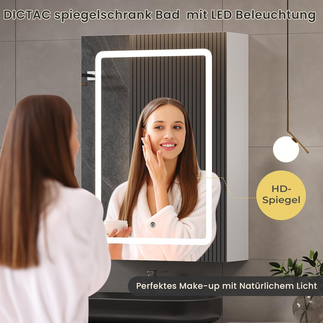 DICTAC Spiegelschrank Bad mit Led Beleuchtung 50x16x70cm Einzeltür Badezimmer spiegelschrank mit lic