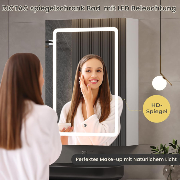 DICTAC Spiegelschrank Bad mit Led Beleuchtung 50x16x70cm Einzeltür Badezimmer spiegelschrank mit lic