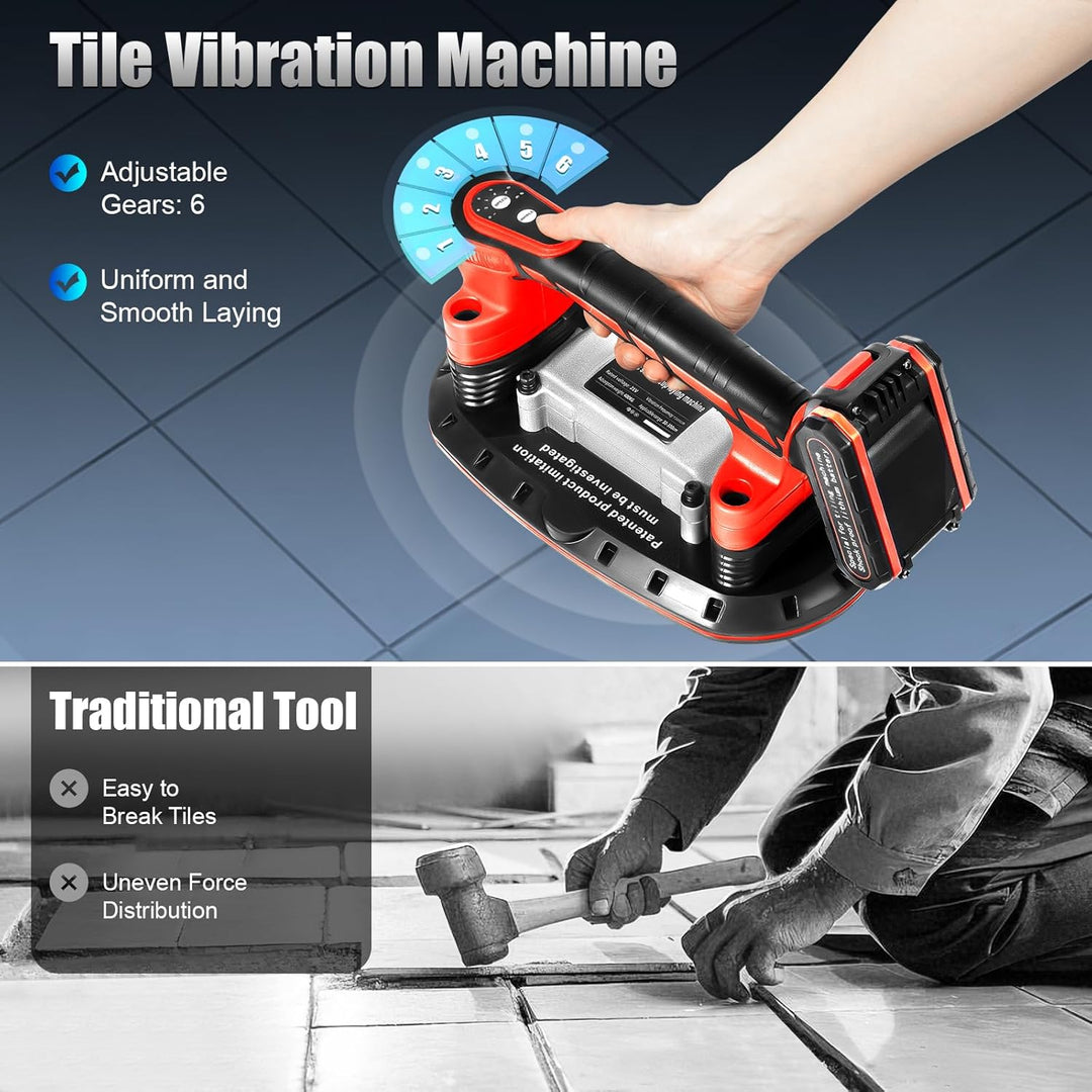 21V Fliesen Vibrationsgerät mit 2 Akkus 6 Gänge Profi Elektro Rüttler 13000 U/min 280mm Saugnapf für