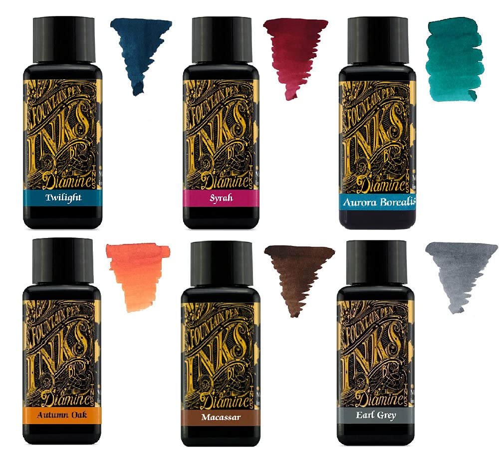 Diamine Füllfederhalter-Tinte, 30 ml, Farbrad, 6 x Flaschen, Herbsteiche, Syrah, Macassar, Earl Grey