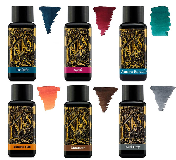Diamine Füllfederhalter-Tinte, 30 ml, Farbrad, 6 x Flaschen, Herbsteiche, Syrah, Macassar, Earl Grey