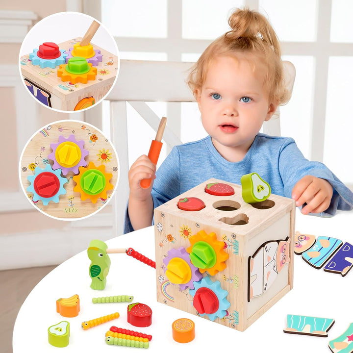 5 in 1Montessori Motorikwürfel,Activity Cube,Steckwürfel enthalten Formen zuordnen, Karotten ernten,