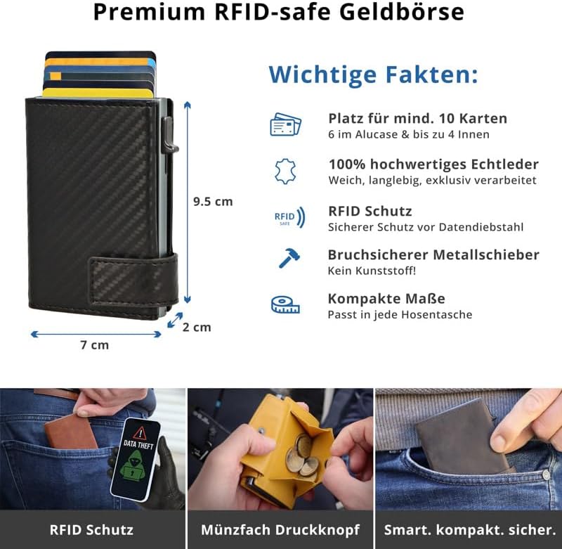SecWal Kartenetui mit Münzfach Druckknopf inkl. Geschenkbox - Made in Germany - Echtleder Mini Geldb