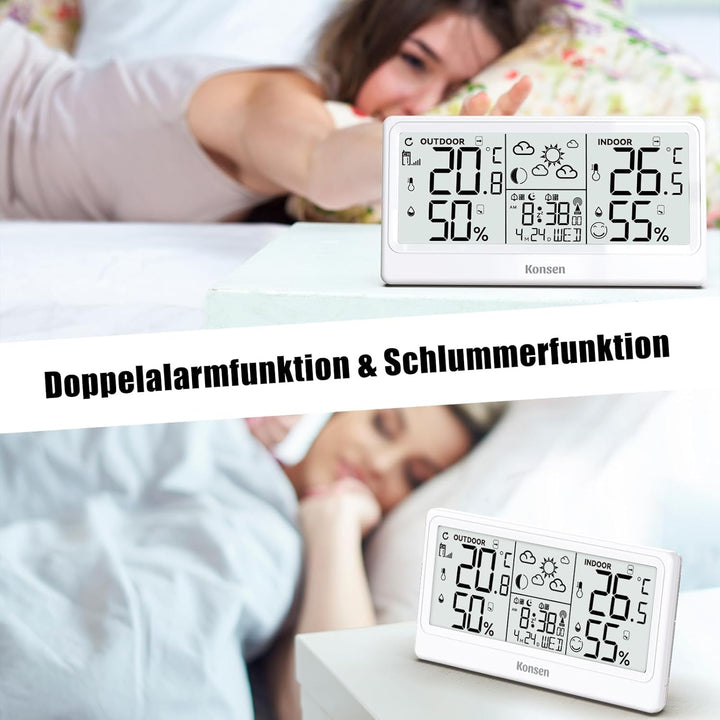 Funk-Wetterstation mit Aussensensor – DCF Funkuhr, Digitales Thermo-Hygrometer (Batteriebetrieb) für