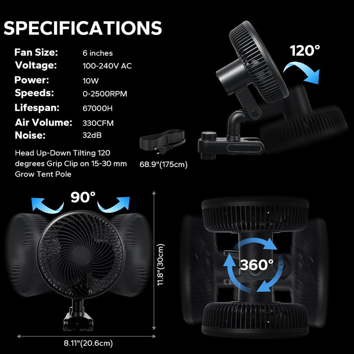 Mi hogar Grow Ventilator Oszillierend mit Fernbedienung, 10 Stufen Clip Ventilator für Growbox &amp; Gro