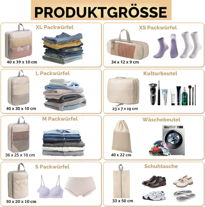Koffer Organizer Set 8-teilig, Komprimierbare Packwürfel zur Organisation Ihres Reisegepäcks, Compre