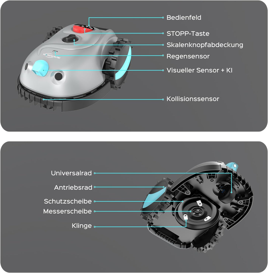 YARDCARE V100 Mähroboter ohne Begrenzungskabel, mit Vision-Navigation, Hindernisvermeidung(150 Arten