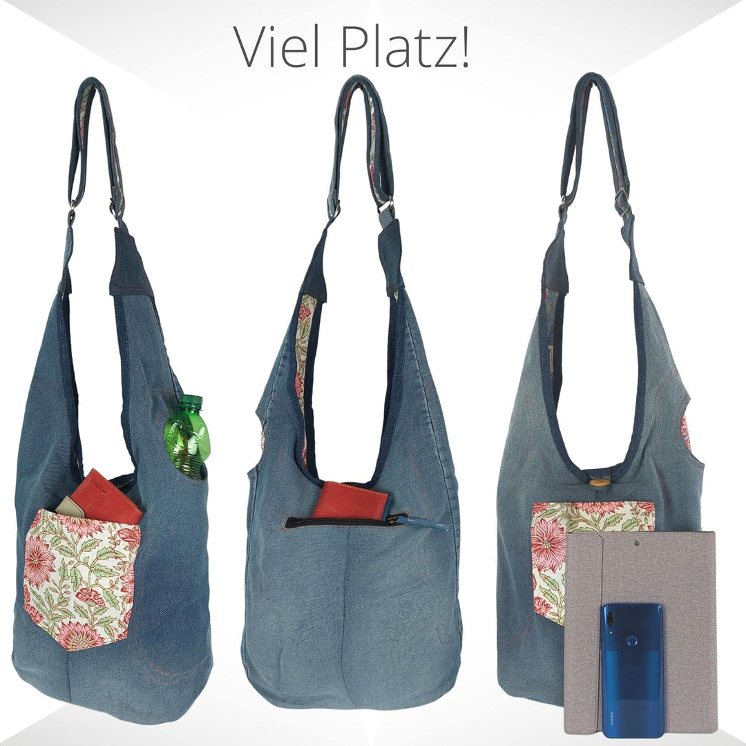 Sunsa Damen nachhaltig Hobo Tasche, Umhängetasche aus recycelte Jeans & Baumwolle. Boho Blumig Cross
