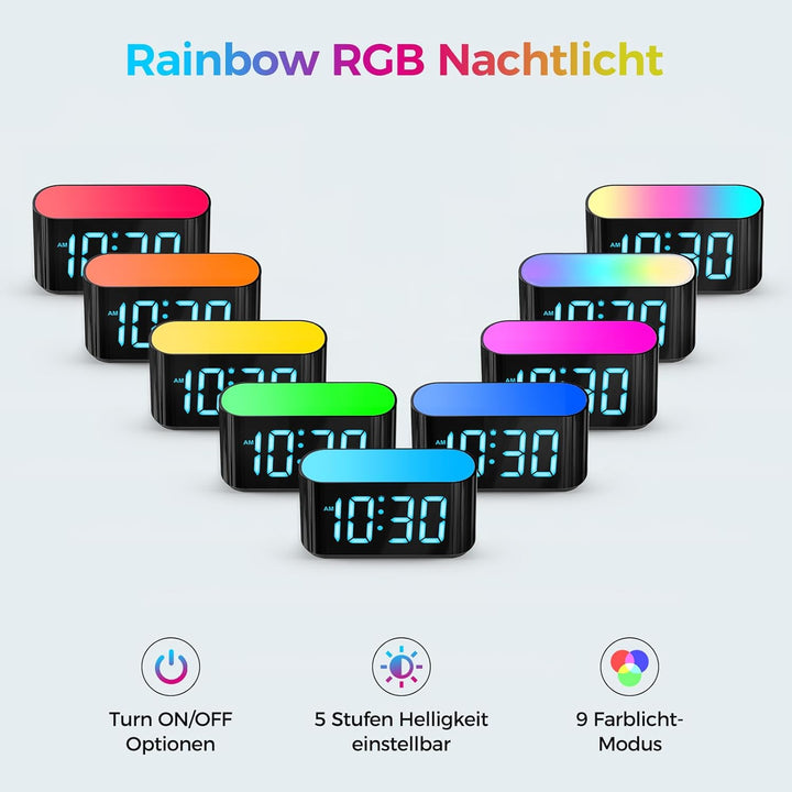 DOUMOSH Wecker Kinder mit Nachtlicht, RGB Nachtlicht, 0-100% Helligkeitsdimmer, Farbenfroh Display,