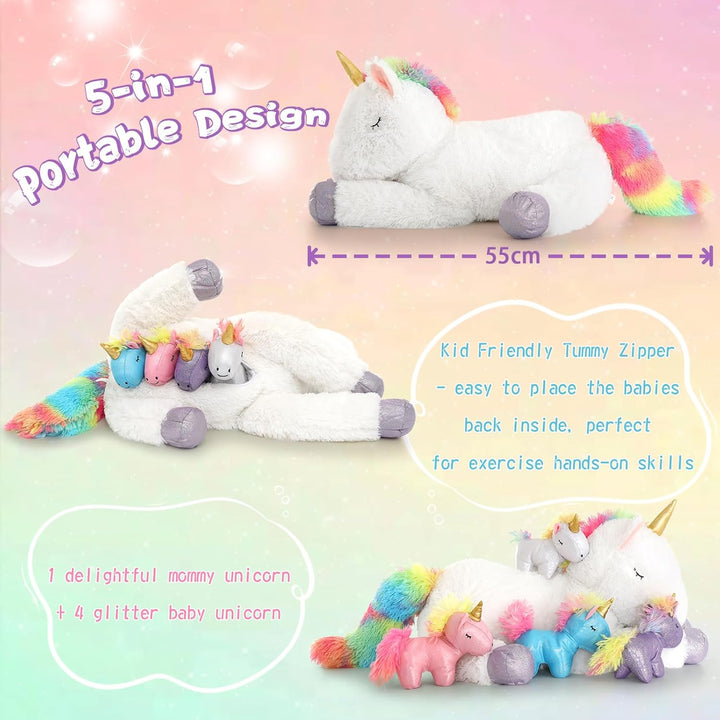 MorisMos Einhorn Kuscheltier XXL mit 4 Babys im Bauch, gross Einhorn Plüschtier Stofftier, riesen gr