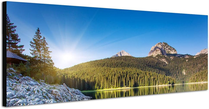 Paul Sinus Art Panoramabild auf Leinwand und Keilrahmen 150x50cm Montenegro Nationalpark See Boote B