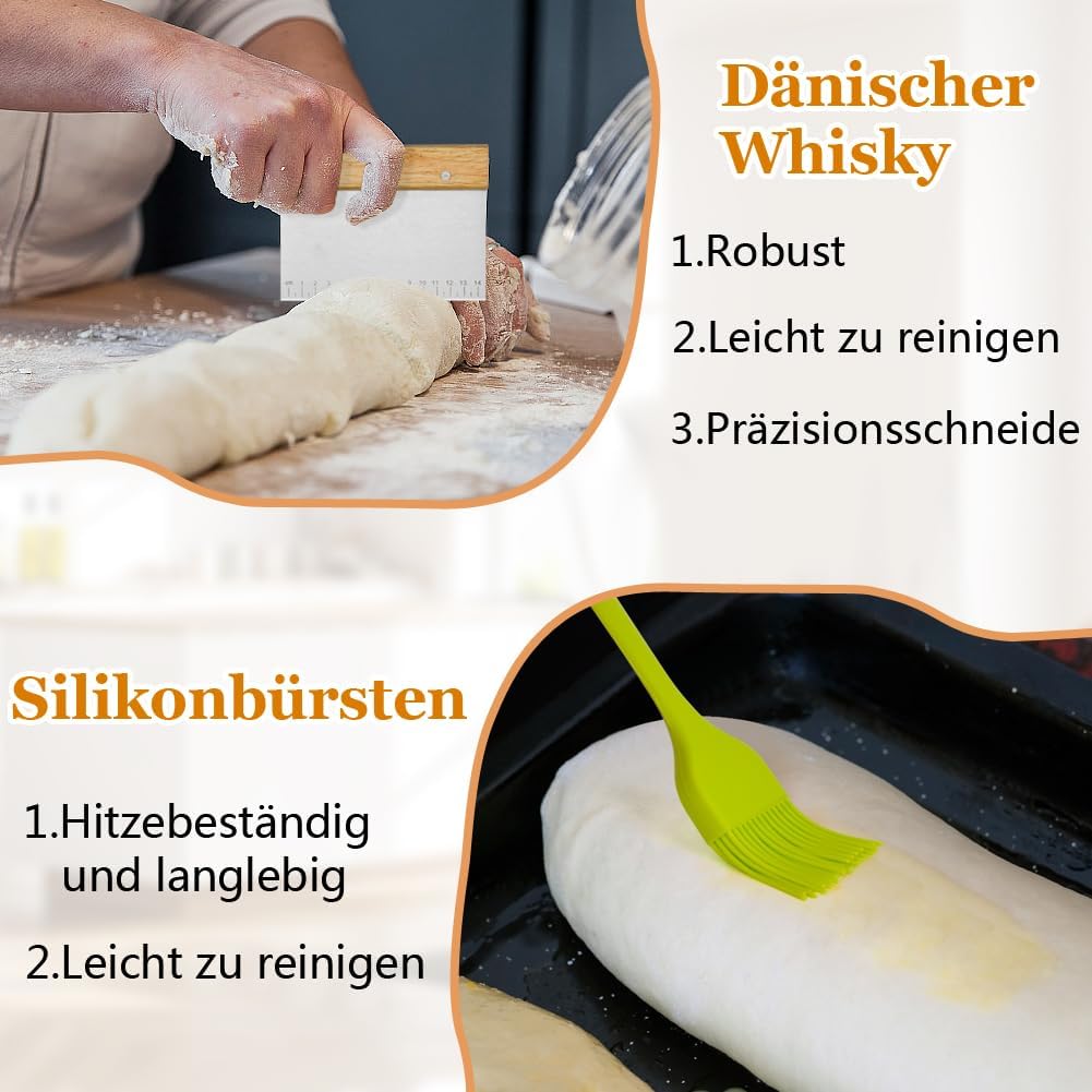 Sauerteig Starter Set mit 2 Gärkörbchen Oval Rund&Brot Backen Zubehör, Gärkorb Brot mit Teigschaber,