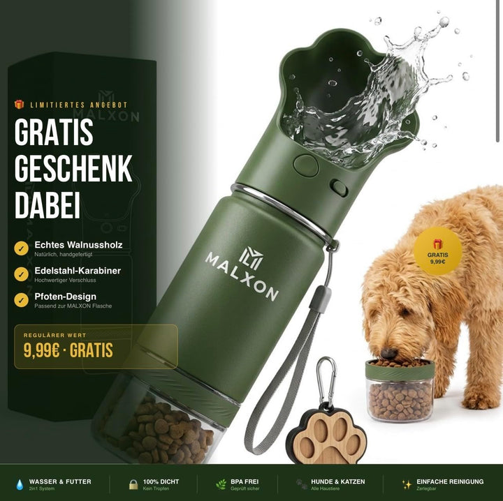 3-in-1 Trinkflasche Hunde für unterwegs – Wasserflasche mit Futterbehälter & Trinknapf – 300ml – Aus