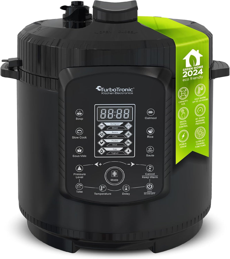 TurboTronic Druckkochtopf 6L mit 2x Topf Edelstahltopf und beschichtet, Dampfgarer, Multikocher, ele