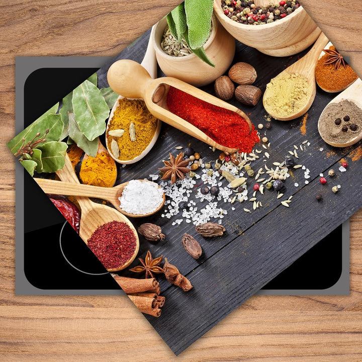 SmartDecoration Herdabdeckplatte Ceranfeldabdeckung aus Glas 60x52 cm Einteilig Motiv "Gewürze" Grau