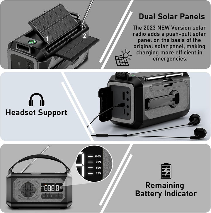 12000mAh Kurbelradio mit Handyladefunktion, Solar Radio mit 2 Sonnenkollektoren, AM/FM Tragbar Notfa