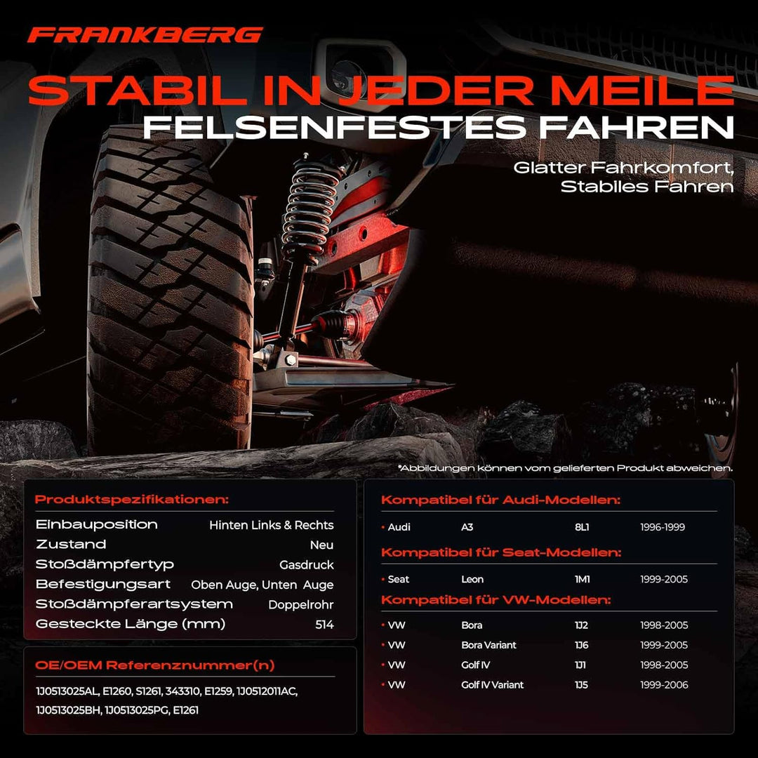 Frankberg 2x Stossdämpfer Gasdruck Hinterachse Kompatibel mit A3 8L1 1996-1999 B.o.r.a 1J2 1J6 1998-