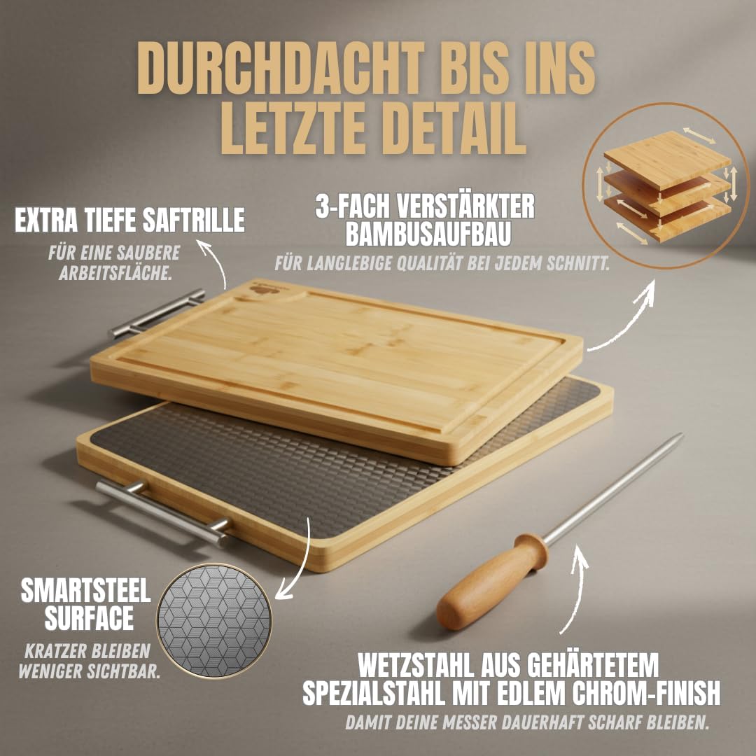 Doppelseitiges Schneidebrett Edelstahl &amp; Bambus | Küchenbrett mit Saftrille &amp; Metallgriff | Holzbret