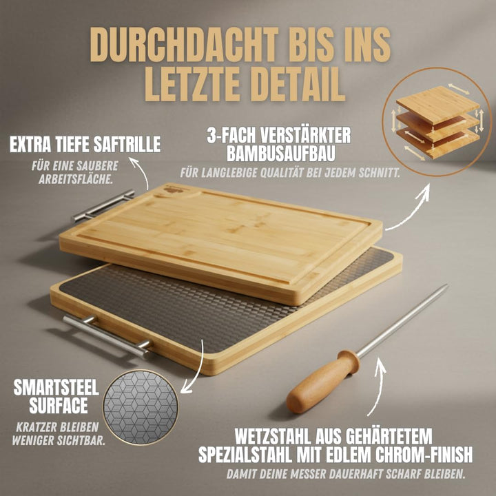 Doppelseitiges Schneidebrett Edelstahl &amp; Bambus | Küchenbrett mit Saftrille &amp; Metallgriff | Holzbret