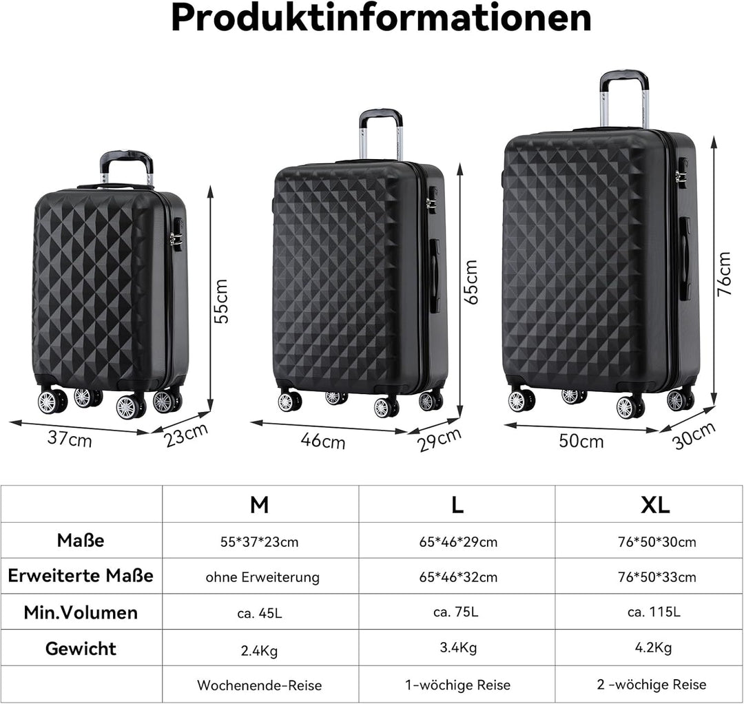 BEIBYE Zwillingsrollen 2066 Hartschale Trolley Koffer Reisekoffer Gepäck M-L-XL-Set (Schwarz, Set) S