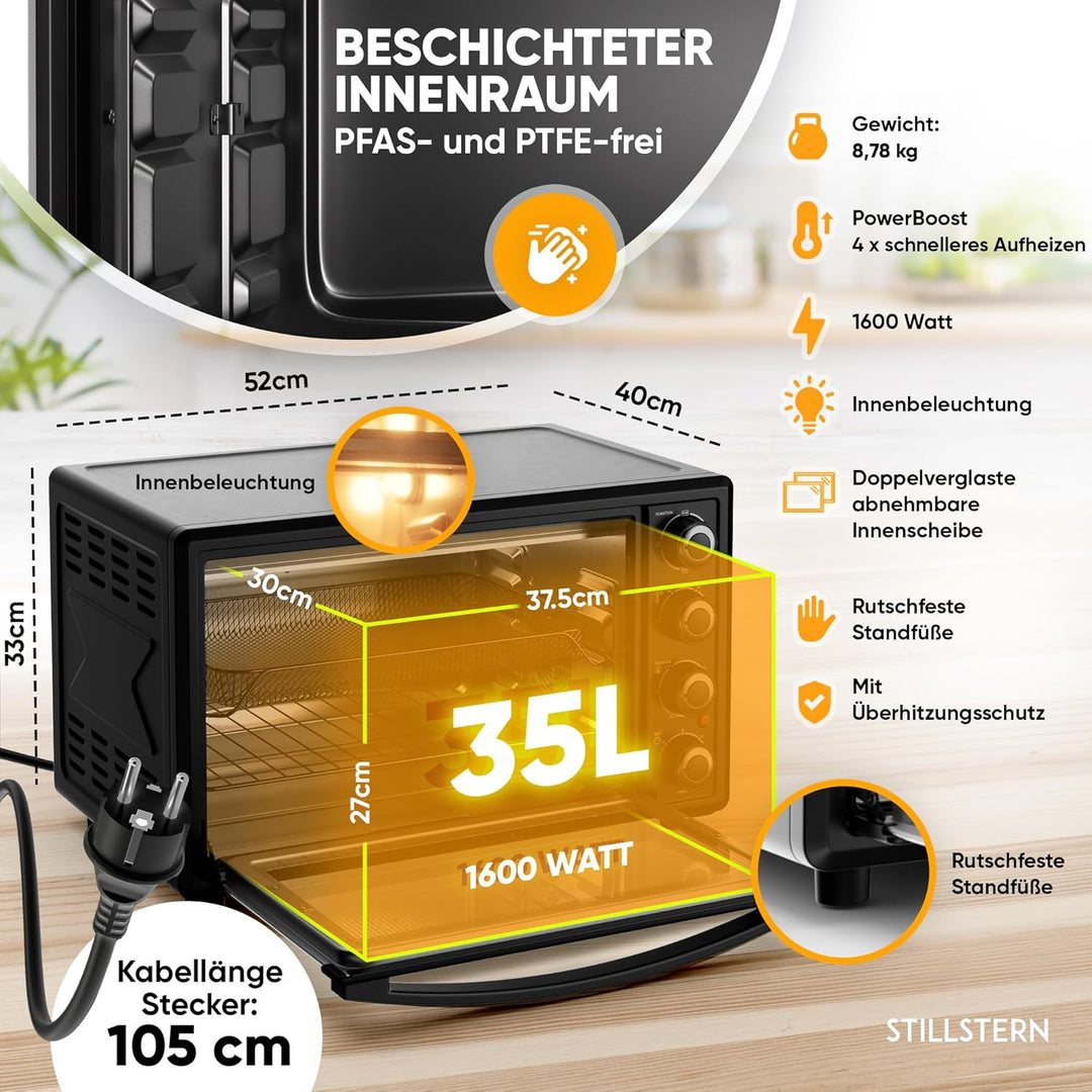 Stillstern Minibackofen mit Umluft (35L) Deutsche Version, 2x Backblech, Ofenhandschuhe, Rezeptheft,