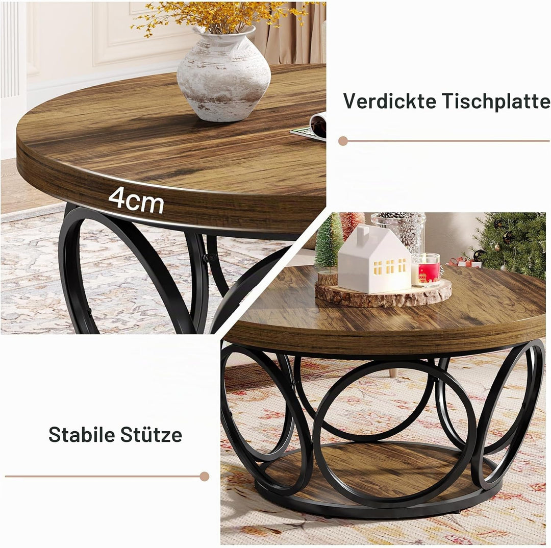 Tribesigns Runder Couchtisch, 80 cm Holztisch mit 2-Ebenen Lagerung, Bauernhaus Grosse Runde wohnzim