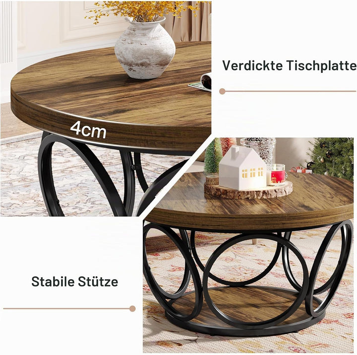 Tribesigns Runder Couchtisch, 80 cm Holztisch mit 2-Ebenen Lagerung, Bauernhaus Grosse Runde wohnzim