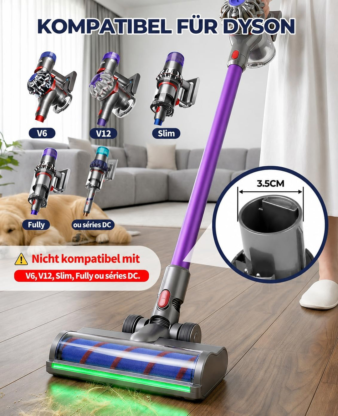 Bürste mit Softwalze für Dyson V7 V8 V10 V11 V15 Staubsauger LED Bodenbürste mit Stauberkennung Soft