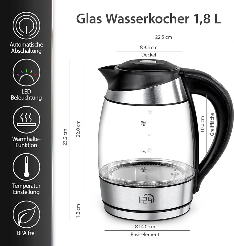 T24 Glas Wasserkocher 1,8 L Temperaturwahl 60-100°C mit Teesieb 2200 Watt, Borosilikatglas Teekocher